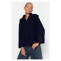 Trendyol Navy Blue Wide Pattern Soft Texture Zippered Knitwear Sweater