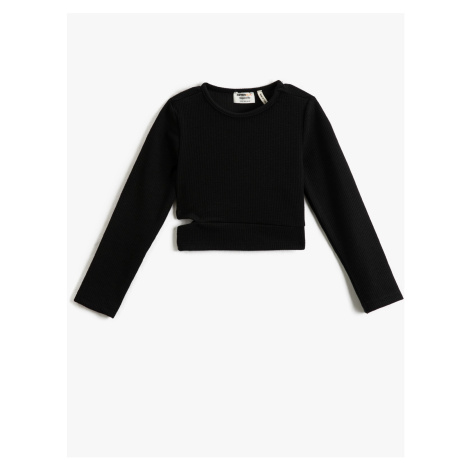 Koton Crop Long Sleeve T-Shirt, Round Neck, Window Detail and Ribbed.