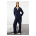 Trendyol Navy Blue Heart-shaped Tie Detailed Polar Fleece Winter Knitted Pajama Set