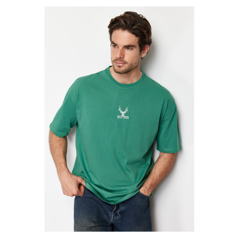 Trendyol Green Oversize Deer Embroidered 100% Cotton T-Shirt