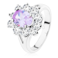 Třpytivý prsten s rozdělenými rameny, broušené zirkony ve světle fialové a čiré barvě