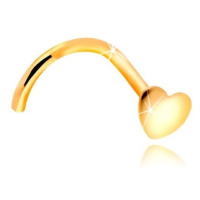 Zlatý zahnutý piercing do nosu 585 - lesklé ploché srdíčko