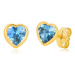 Zlaté 9K náušnice - tenká kontura srdce, syntetický akvamarín modré barvy