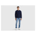 Benetton, Dark Blue Crew Neck Sweater In Pure Merino Wool