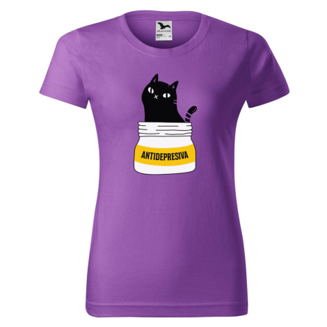 DOBRÝ TRIKO Dámské tričko s potiskem s kočkou ANTIDEPRESIVA Barva: Fialová