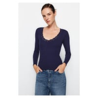 Trendyol Navy Blue V-Neck Lace Detail Ribbed Fitted/Situated Cotton Stretch Knit Blouse