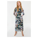 Trendyol Blue Backless Long Sleeve Printed Tulle Flexible Knitted Pencil Dress