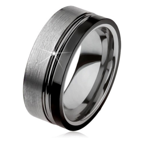 Wolframový prsten, dva zářezy, ocelově šedá a černá barva, lesklo-matný povrch Šperky eshop
