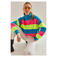 Bianco Lucci Women's Turtleneck Paneled Knitwear Sweater