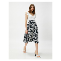 Koton Women's Floral Midi Elastic Waist Pleated Skirt