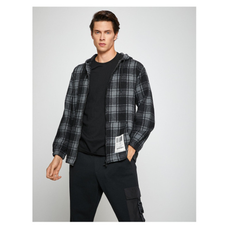 Koton Plaid Hooded Sweatshirt Pocket Detail Zipper Label Printed