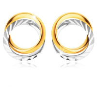 Náušnice z kombinovaného zlata 585 - dva propletené prstence, podélné zářezy