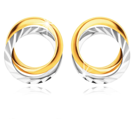Náušnice z kombinovaného zlata 585 - dva propletené prstence, podélné zářezy Šperky eshop