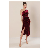 By Saygı Claret Red Velvet Dress with Pleats in the Front