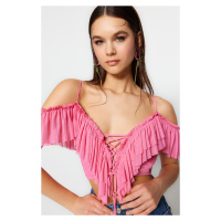Trendyol Pink Crop Knitted Peplum Blouse