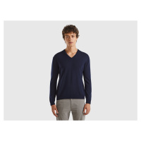 Benetton, Dark Blue V-neck Sweater In Pure Merino Wool