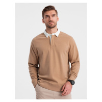 Men's sweatshirt with white polo collar - light brown V8 OM-SSNZ-0132