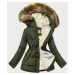 Khaki/hnědá dámská zimní bunda parka s mechovitým kožíškem (W560)