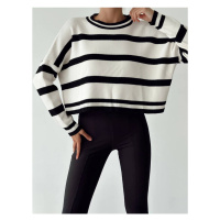 Laluvia Ecru Striped Crew Neck Relax Fit Knitwear Sweater