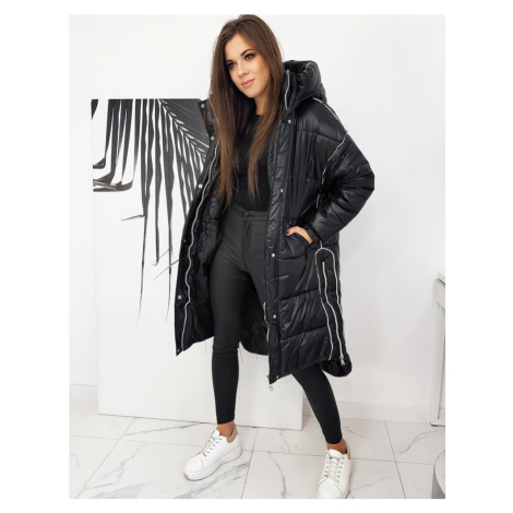 Oversize bunda dlouhá černý prošívaný kabát na zip s kapucí | Modio.cz