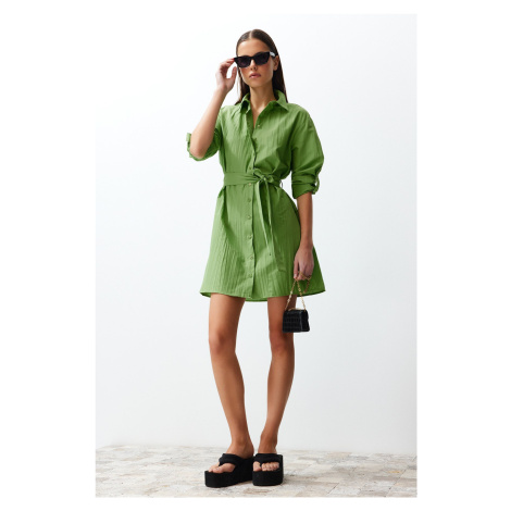 Trendyol Green Belted Fabric Textured Mini Woven Shirt Dress