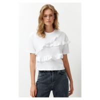 Trendyol White 100% Cotton Ruffle Detailed Relaxed/Comfortable Fit Short Sleeve Knitted T-Shirt