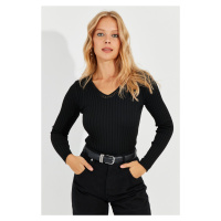 Cool & Sexy Women's Black V-Neck Ribbed Knitwear Blouse