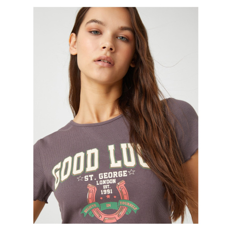 Koton Crop T-Shirt with Slogan Print Short Sleeves Crew Neck