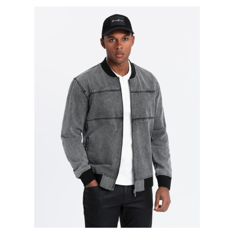 Ombre Men's denim bomber jacket with stone wash effect - grey