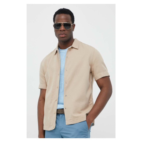 Košile United Colors of Benetton pánská, béžová barva, regular, s klasickým límcem