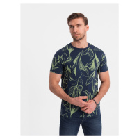 Ombre Men's full-print t-shirt in contrasting leaves - navy blue