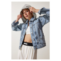 Happiness İstanbul Women's Light Blue Hooded Buttoned Denim Jacket