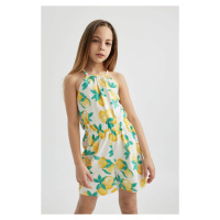 DEFACTO Girl Strappy Lemon Patterned Cotton Short Jumpsuit