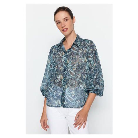 Trendyol Blue Paisley Pattern Transparent Oversize/Wide Fit Woven Shirt