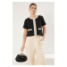Trendyol Black Color Block Crop Regular/Normal Pattern Tweed Knitted Blouse