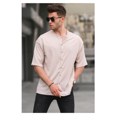 Madmext Beige Collar Striped Short Sleeve Shirt 5863