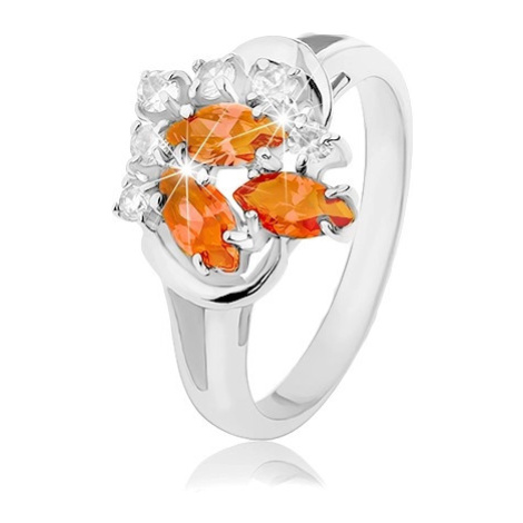 Prsten stříbrné barvy, čiré a oranžové zirkony, lesklé obloučky Šperky eshop