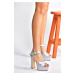 Fox Shoes Silver Satin Fabric Platform Heels, Women's Evening Dress Shoes