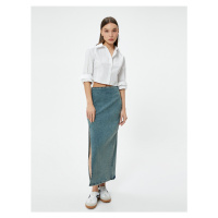 Koton Long Denim Skirt Side Slit Detail High Waist Cotton