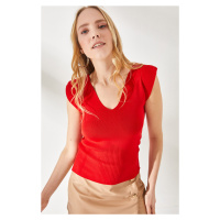Olalook Women's Red Knitwear With Shoulders And Skirt Detailed Front Back V-Shirt