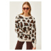 Olalook Women's Ecru Leopard Soft Textured Thick Knitwear Sweater