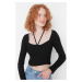 Trendyol Black Tiered Fitted/Simple Crop Square Collar Ribbed Stretch Knit Blouse