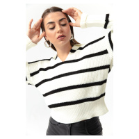 Lafaba Women's White Polo Neck Striped Knitwear Sweater