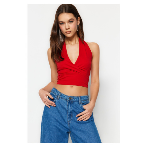 Trendyol Red Fitted/Small Crop Double-breasted Cotton Stretch Knit Blouse