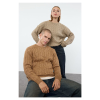 Trendyol Camel Unisex Couple Crew Neck Hair Knitted Sweater