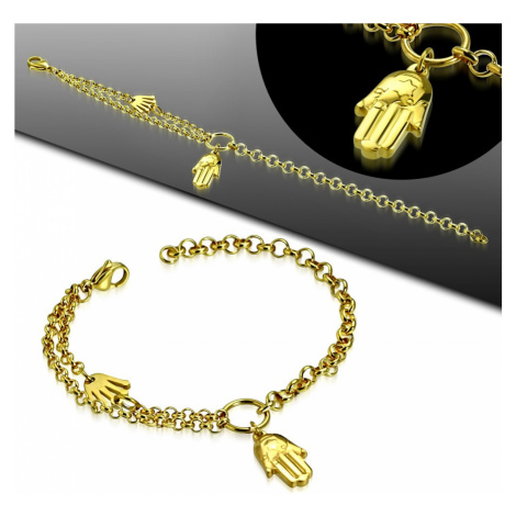 Ocelový náramek zlaté barvy, dvě ruce Fatimy, kruh a dvojitý řetízek