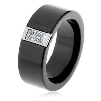 Černý keramický prsten s hladkým povrchem, ocelový obdélník se zirkony