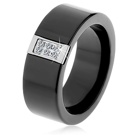 Černý keramický prsten s hladkým povrchem, ocelový obdélník se zirkony Šperky eshop