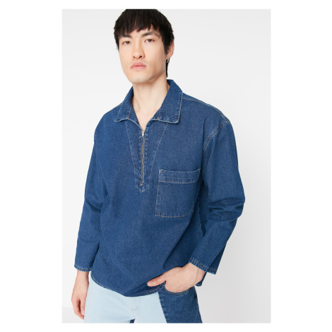 Trendyol Navy Blue Men's Oversized Zippered Denim Jeans Shirt