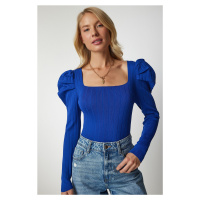 Happiness İstanbul Women's Blue Square Collar Corduroy Knitwear Blouse